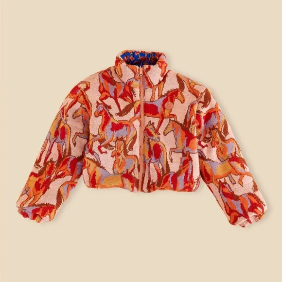 Farm Rio Rose Wild Horses Tricot Reversible Puffer Jacket - Picture 10 of 12